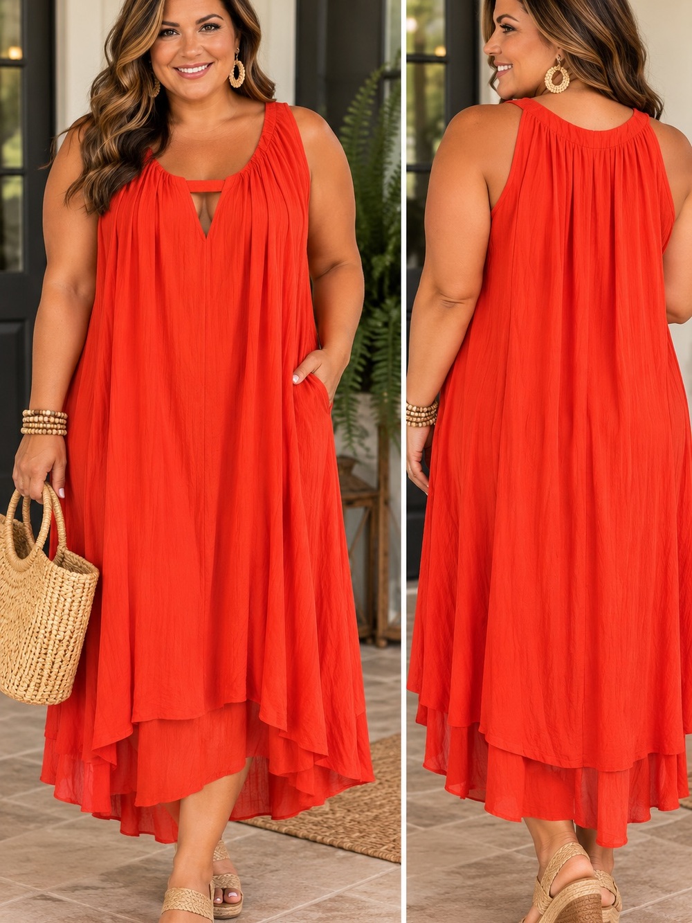 Catherines Sleeveless High-Low Maxi Dress in Bright Orange